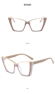 Detail view of khaki cat-eye glasses frame with gold metal trim and spliced temples