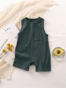 Deep green ribbed baby romper sleeveless bodysuit with front pocket on aesthetic background