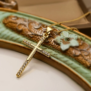 Minimalist 18K gold plated cross pendant necklace with white zircon on a vintage frame