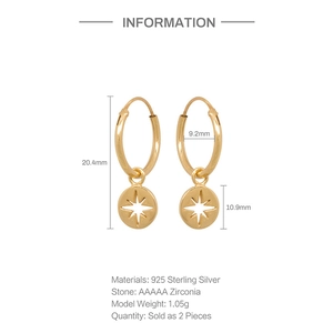 Detailed dimension guide for S925 sterling silver star hoop earrings with AAAAA zircon