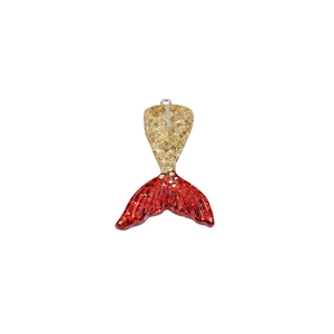 Close-up of resin mermaid tail pendant with red-gold gradient and scale texture
