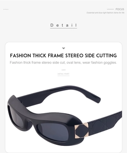 Detail of oval sunglasses featuring a thick black frame and 3D side cutting design