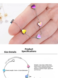 S925 silver heart bracelet with colorful gradient charms and 16cm plus 3.5cm extension chain
