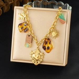 Vintage Bohemian Pendant Necklace Gold Plated Stainless Steel With Leopard Resin And Wood Charms For Women