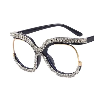 Fashionable oversized owl-style blue light blocking glasses with rhinestone inlay