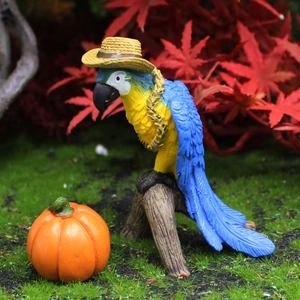 Parrot Figurine And Mini Pumpkin Resin Thanksgiving Harvest Garden Decor Micro Landscape Hand Painted Desktop Ornament