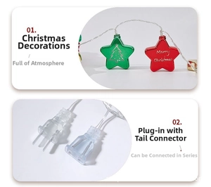 Detailed view of red and green star LED string lights with Merry Christmas lettering