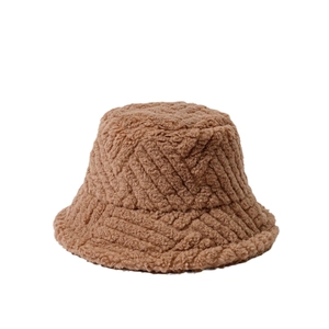 Classic camel lamb wool bucket hat with striped knit texture for autumn winter warmth