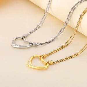 Hollow Heart Pendant Necklace Stainless Steel With Sparkling Rhinestone Layered Chain Elegant Jewelry For Women