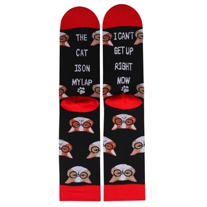 Black cat pattern mid-calf socks with red accents and funny text print on white background
