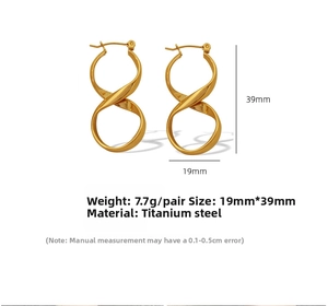 Size guide for curved titanium steel earrings showing 19mm by 39mm dimensions and weight