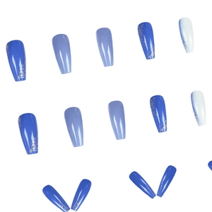 Gradient blue and white long trapezoid press-on nails with glitter finish set of 24 pieces