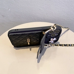 Quilted leather wallet phone case for iPhone with crossbody chain and butterfly charm