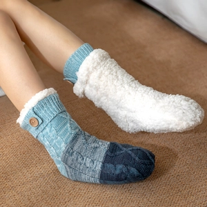 Winter thermal knit socks with fleece lining and button detail in gradient blue and white