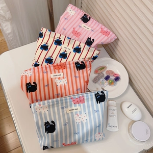 Trousse De Toilette Chat Rayé Toile Coton Fermeture Éclair Organisateur Maquillage Pour Femmes Filles Rétro