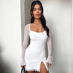 Close-up of square neck detail and sheer mesh long sleeves with bow accents on mini dress