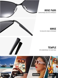Detail view of reinforced hinges and nose pads on black cat-eye sunglasses for outdoor use
