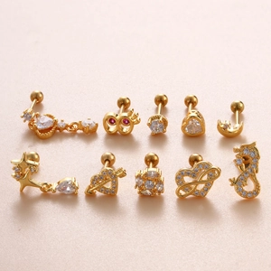 Set di 10 piercing dorati con motivi corona, cuore e luna, con zirconi bianchi e rosa incastonati