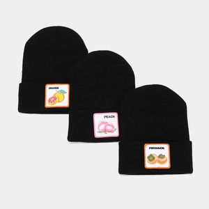 Black knit beanie hats with orange, peach, and persimmon fruit embroidery patches