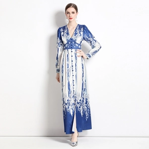 Vintage floral V-neck maxi dress with long sleeves and button front in blue and white print