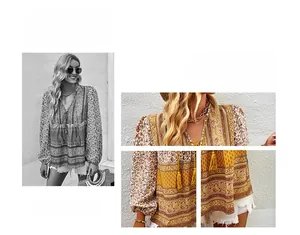 Detail of bohemian floral blouse featuring V-neckline with tassel ties and printed fabric