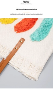 Dettaglio della borsa tote in tela con motivi tufted bohémien e tracolla in pelle