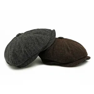 Classic herringbone wool newsboy caps in gray and brown with retro octagonal design