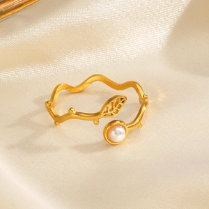 Hollow Leaf Artificial Pearl Open Ring Stainless Steel Gold Plated Adjustable Branch Vine Jewelry For Women Retro French Style