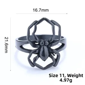 Detailed view of black spider ring with dimensions 16.7mm width and 21.6mm height