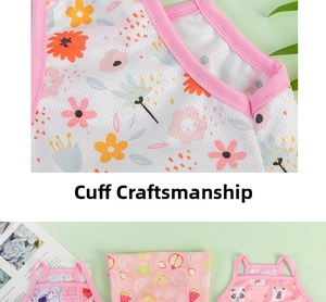 Detail of breathable mesh fabric and sleeve stitching on summer pet vest with floral prints
