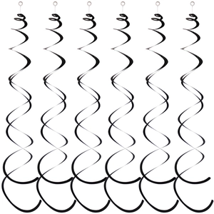 Detail of six black spiral ceiling hanging decorations for birthday party venue setup
