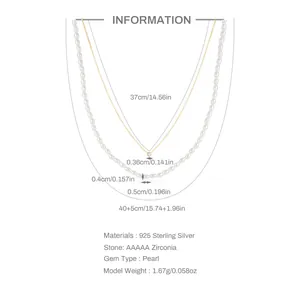 Double-layered 925 silver necklace with zircon and pearl, measuring 37-45cm in length
