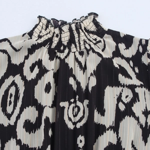 Ethnic style chiffon long dress with mock neck ruffles and black white abstract prints