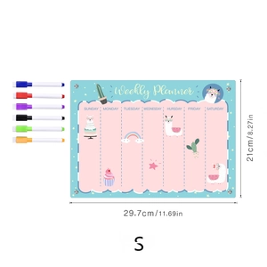 Detail showing acrylic weekly planner with alpaca design and six colorful markers
