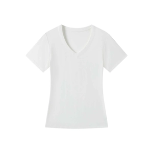 Detail of slim-fit white V-neck short sleeve T-shirt with premium cotton texture