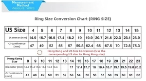 Titanium steel ring size chart with US and Hong Kong measurements for precise fitting