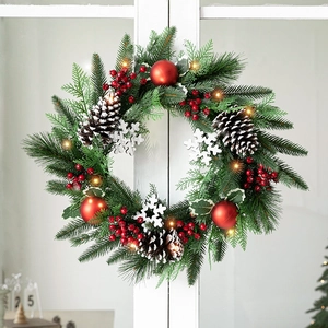 40CM Christmas wreath with PE mixed leaves, red berries, pinecones and warm LED lights