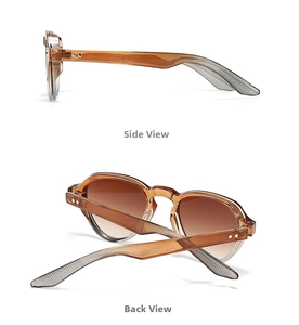 Detail view of round amber sunglasses with translucent frames and golden accents