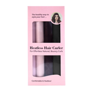 Pink and black heatless hair curlers neatly stored in a premium gift box with clear window