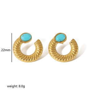 French vintage 18K gold plated stainless steel C-shape hoop earrings with turquoise