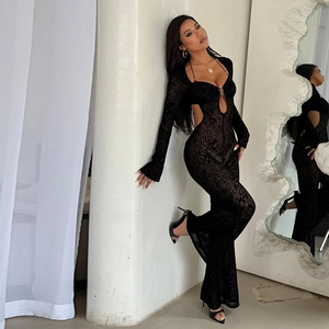 Sexy black flocked lace jumpsuit with hollow-out long sleeves and slim fit bodycon design