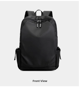Front view of black business laptop backpack showing sleek water-resistant nylon texture