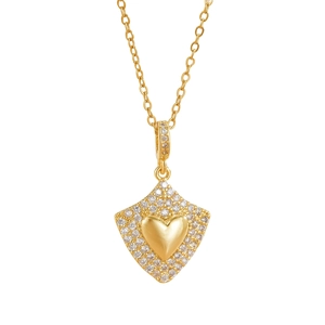 Elegant gold necklace with rhombus pendant featuring a heart center and zircon stones