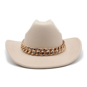 Classic beige wool fedora hat with stylish wide brim and chunky gold chain accessory