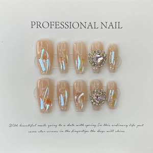 Handmade Press On Nails Long Coffin Gradient Aurora Glitter Rhinestone Heart Elegant Reusable False Fingernails