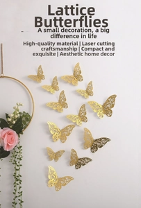 Detailed laser-cut gold hollow 3D butterfly wall stickers for wedding and home decor
