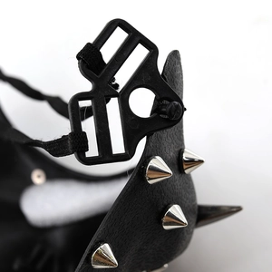 Punk black leather Halloween mask featuring silver rivet spikes and adjustable straps