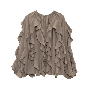 Detail of coffee brown V-neck shirt featuring multi-layered ruffles and pleated chiffon fabric