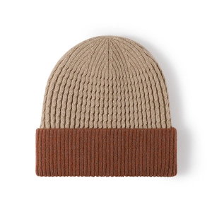 Winter rib-knit beanie in beige and caramel with warm fleece lining and ear protection