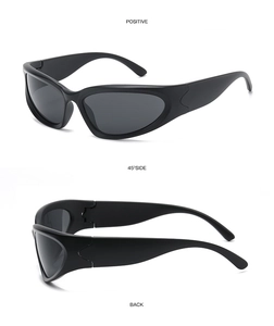 Three-view layout showing front, side and back of black wrap-around cycling sunglasses